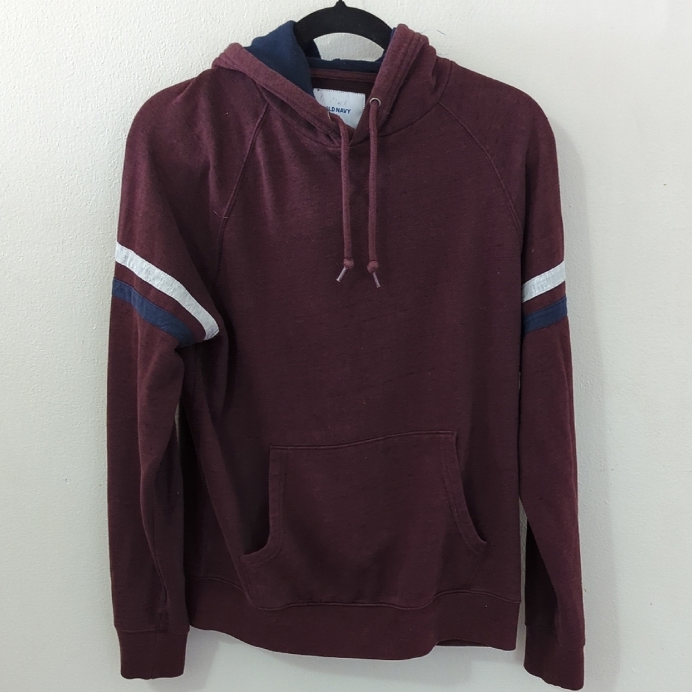 Old Navy Men's Hoodie Maroon Gray Blue Ringer Sleeves Kangaroo Pocket Size S